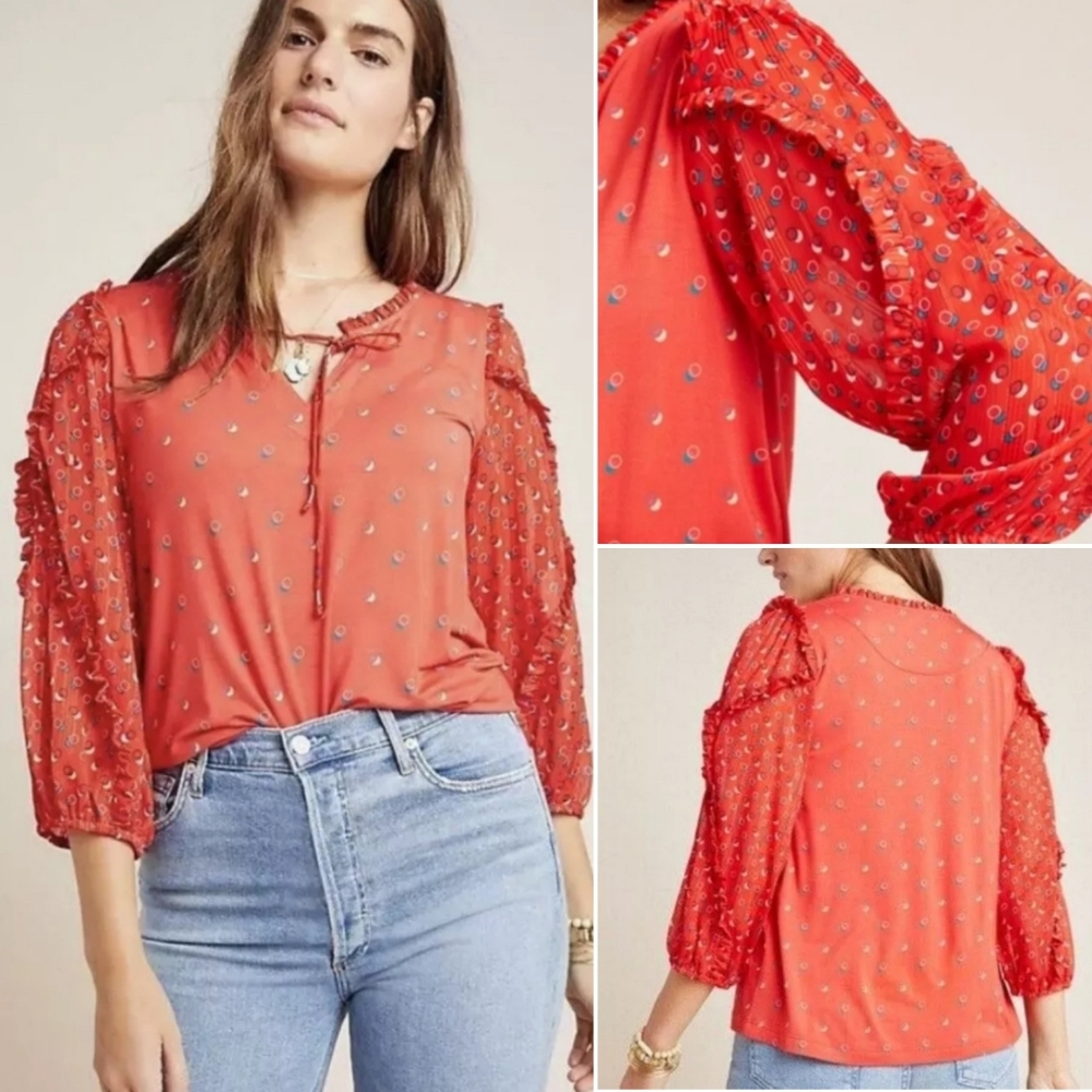 🆕️ Anthropologie x Maeve Jacquin Peasant Ruffle Tie-Neck Blouse